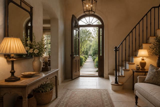 Editorial interior photograph showing french country entryway ideas that welcome warmly in a real entryway, with french country materials, layered warm lighting, styled furniture, and a magazine-quality residential composition.