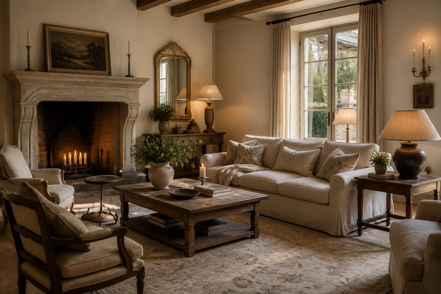 French Country Living Room Ideas for Warmth and Quiet Elegance shown as a finished Re-Design editorial room concept