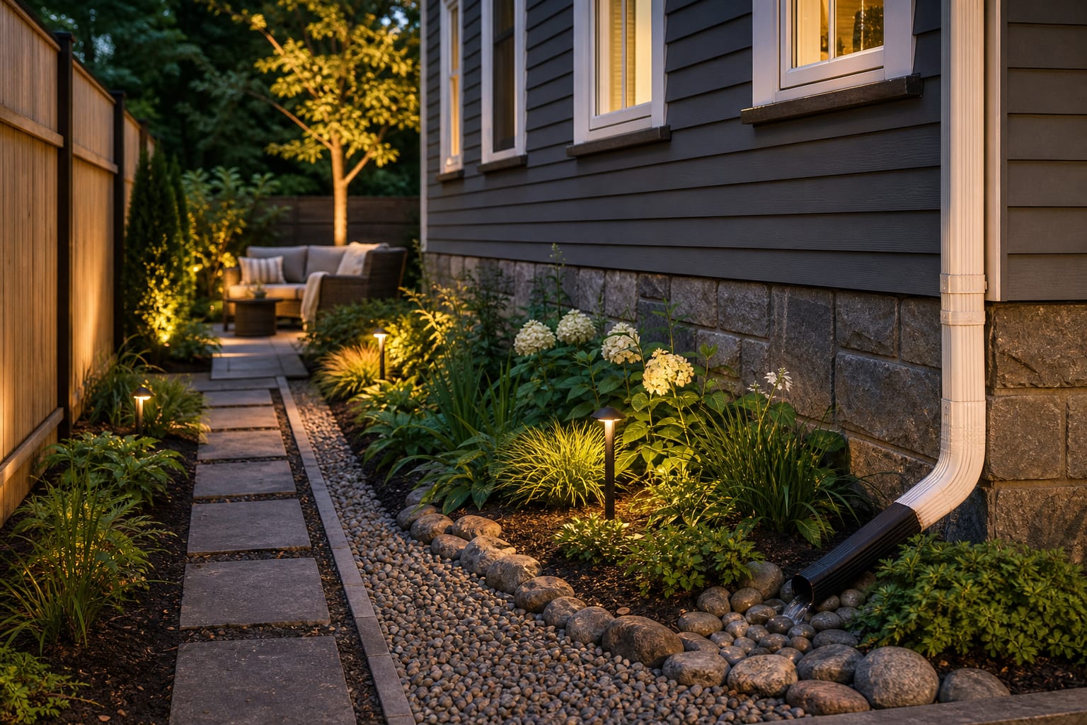 same garden view with a gravel drainage strip, perforated pipe route, healthy planting, and water directed away from the house