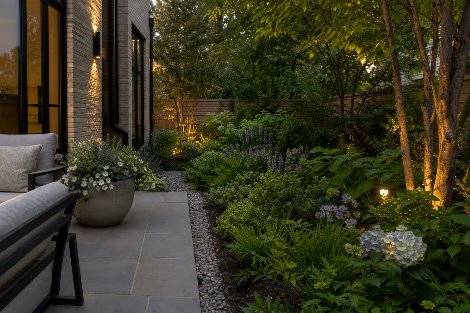 garden bed with a discreet gravel French drain, layered planting, and water routed away from the house foundation