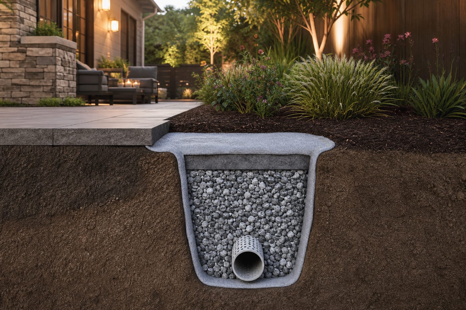 cross-section style garden French drain with perforated pipe, washed gravel, filter fabric, and planting set back from the trench