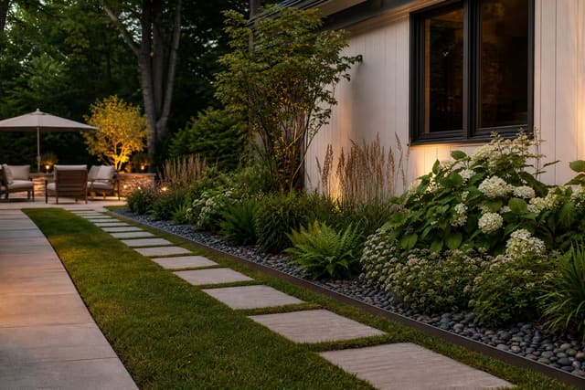 garden bed with a discreet gravel French drain, layered planting, and water routed away from the house foundation