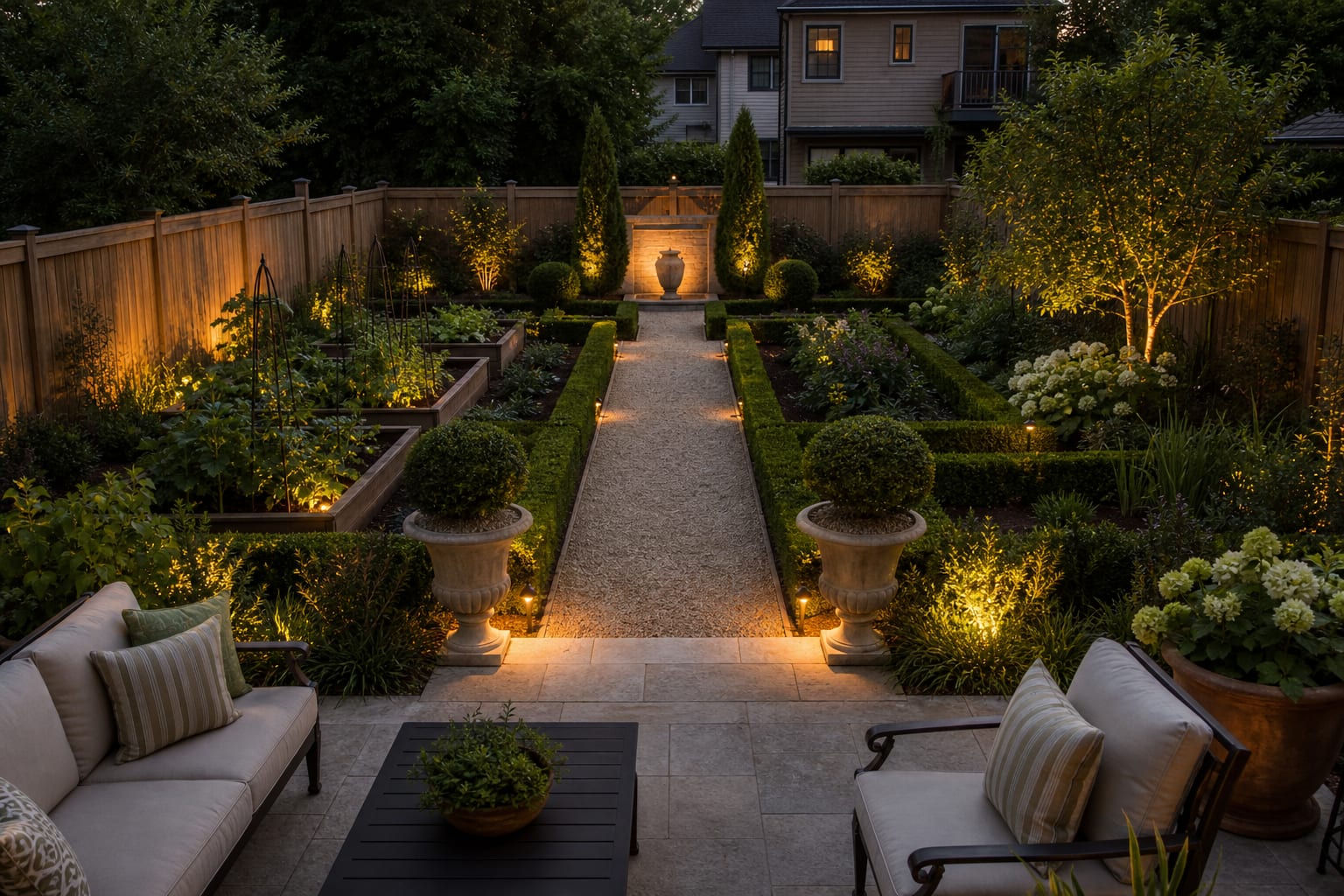 same backyard angle redesigned with pale gravel paths, clipped hedges, symmetrical parterres, paired urns, and a neat potager garden.