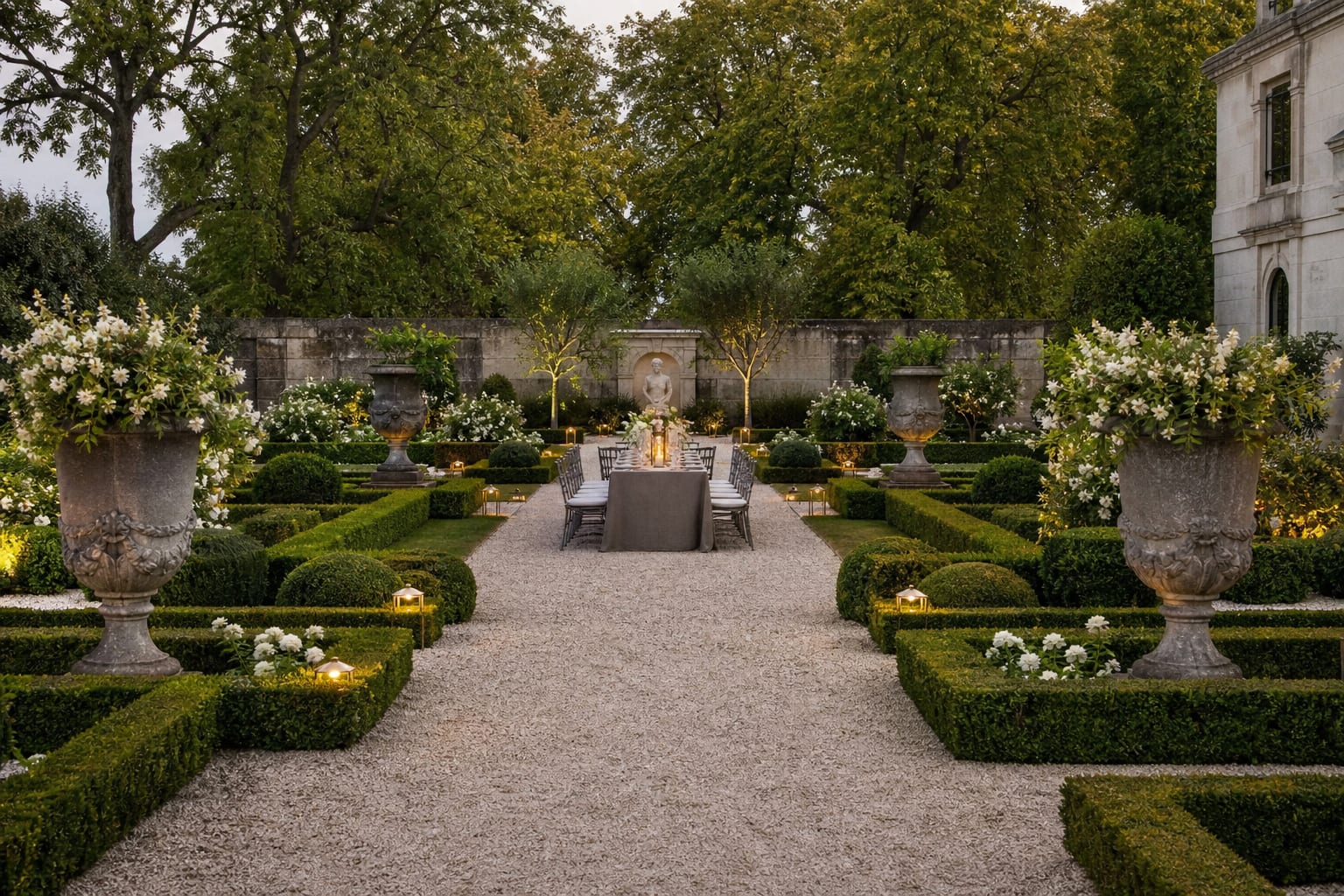 formal French garden with clipped boxwood parterres, pale gravel paths, stone urns, and a central dining axis