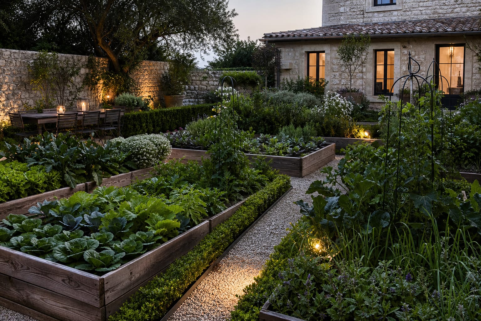French potager kitchen garden with raised beds, pea gravel paths, metal obelisks, herbs, lettuce, and clipped edging