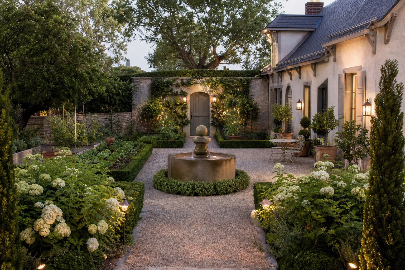 Preview of a backyard converted into a French formal garden with symmetrical paths, clipped hedges, and a compact potager