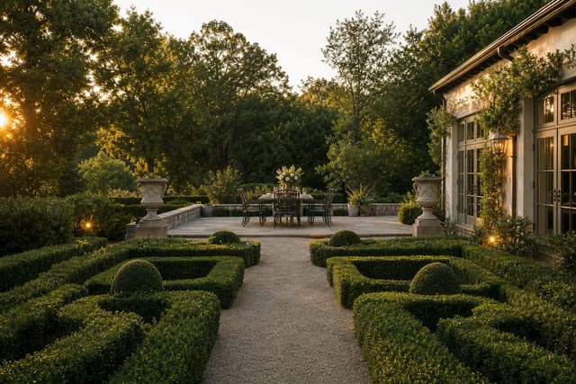 same backyard angle redesigned with pale gravel paths, clipped hedges, symmetrical parterres, paired urns, and a neat potager garden.