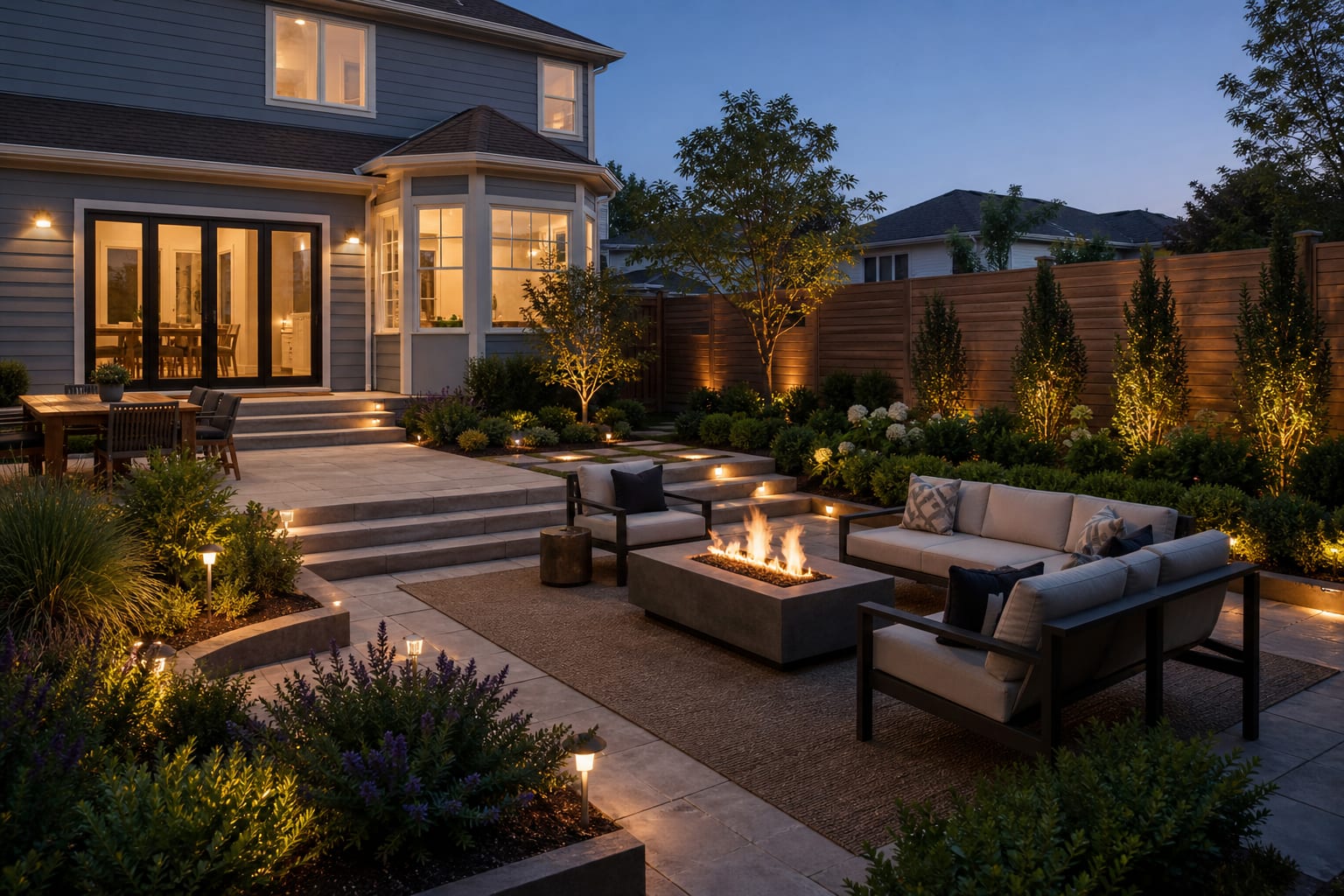 Same beige house with a deep olive front door, satin brass hardware, black planters, layered shrubs, and a clearer entry path.