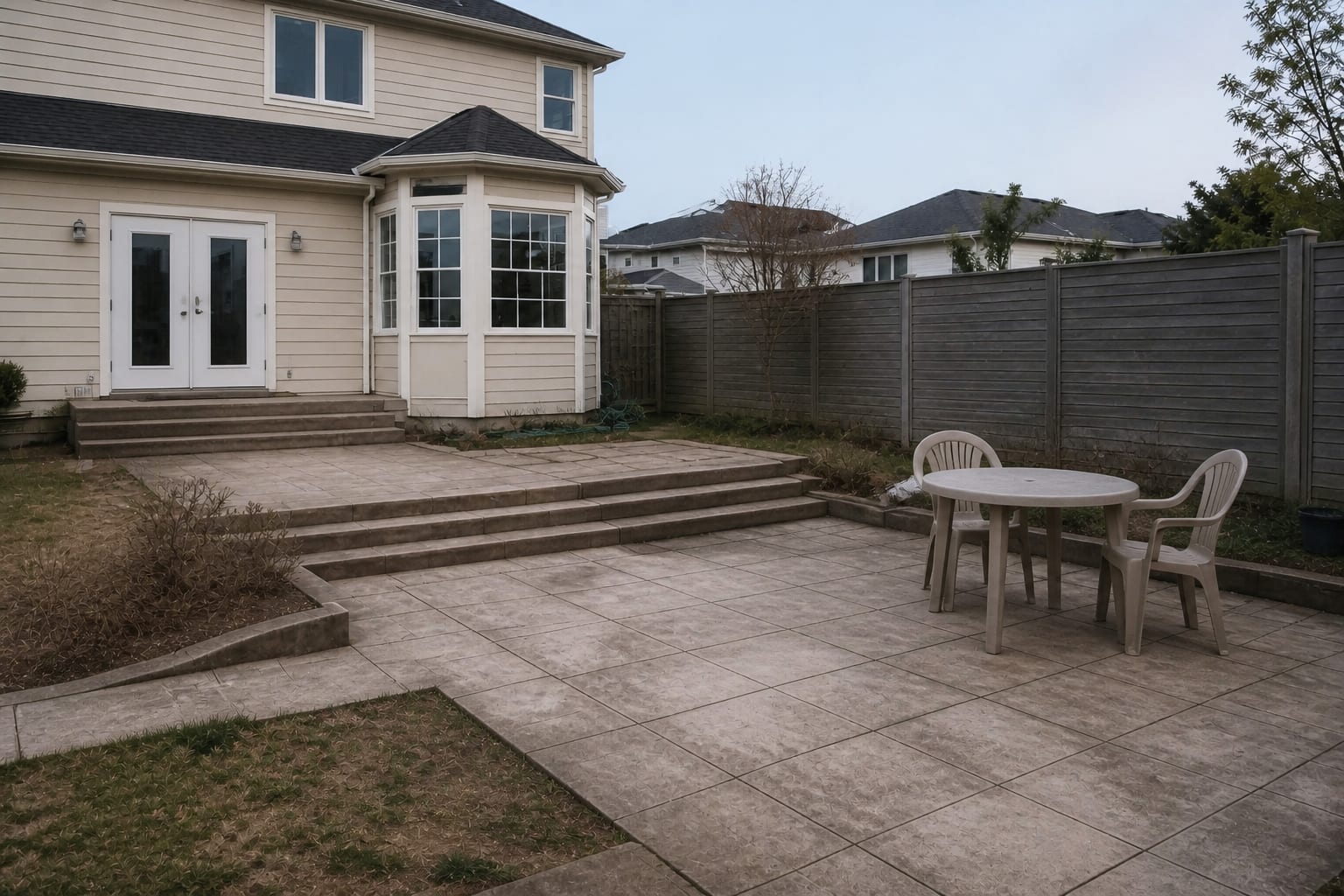 Plain beige entry with a faded white front door before a color and curb appeal redesign