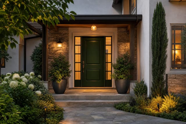 Front Door Color Ideas: The Boldest Design Statement on Your House shown as a photorealistic outdoor redesign with layered materials, planting, lighting, and clear circulation