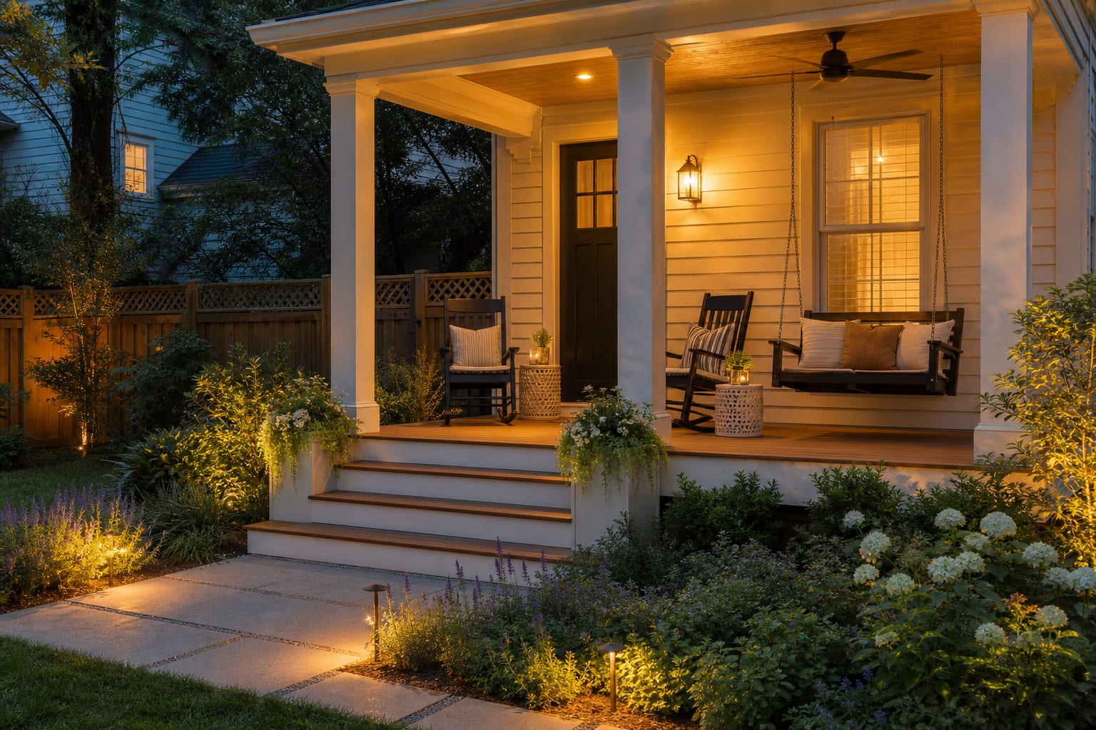 Same front porch with weather resistant rocking chairs, a compact porch swing, outdoor cushions, small side tables, and planters near the steps.
