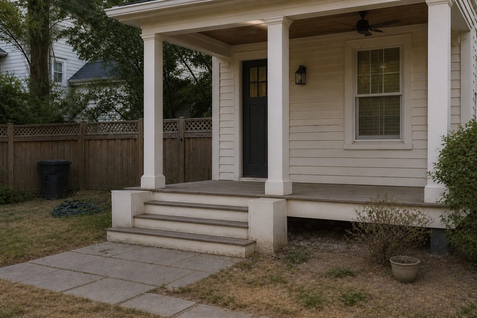 Empty covered front porch with bare floorboards, no seating, no side tables, and a front door that feels disconnected from the exterior.