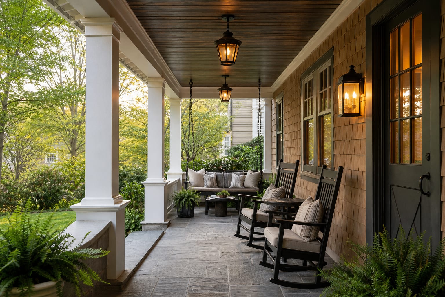 covered front porch with weather resistant rocking chairs, a compact swing, layered cushions, and small tables by the entry
