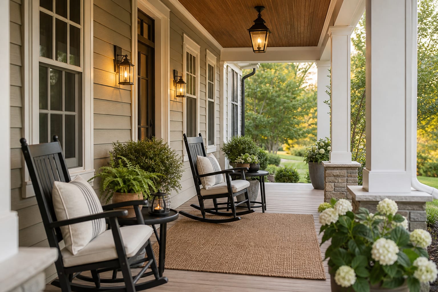 front porch furniture plan showing clear door circulation, rocking chair spacing, and side tables tucked beside each seat