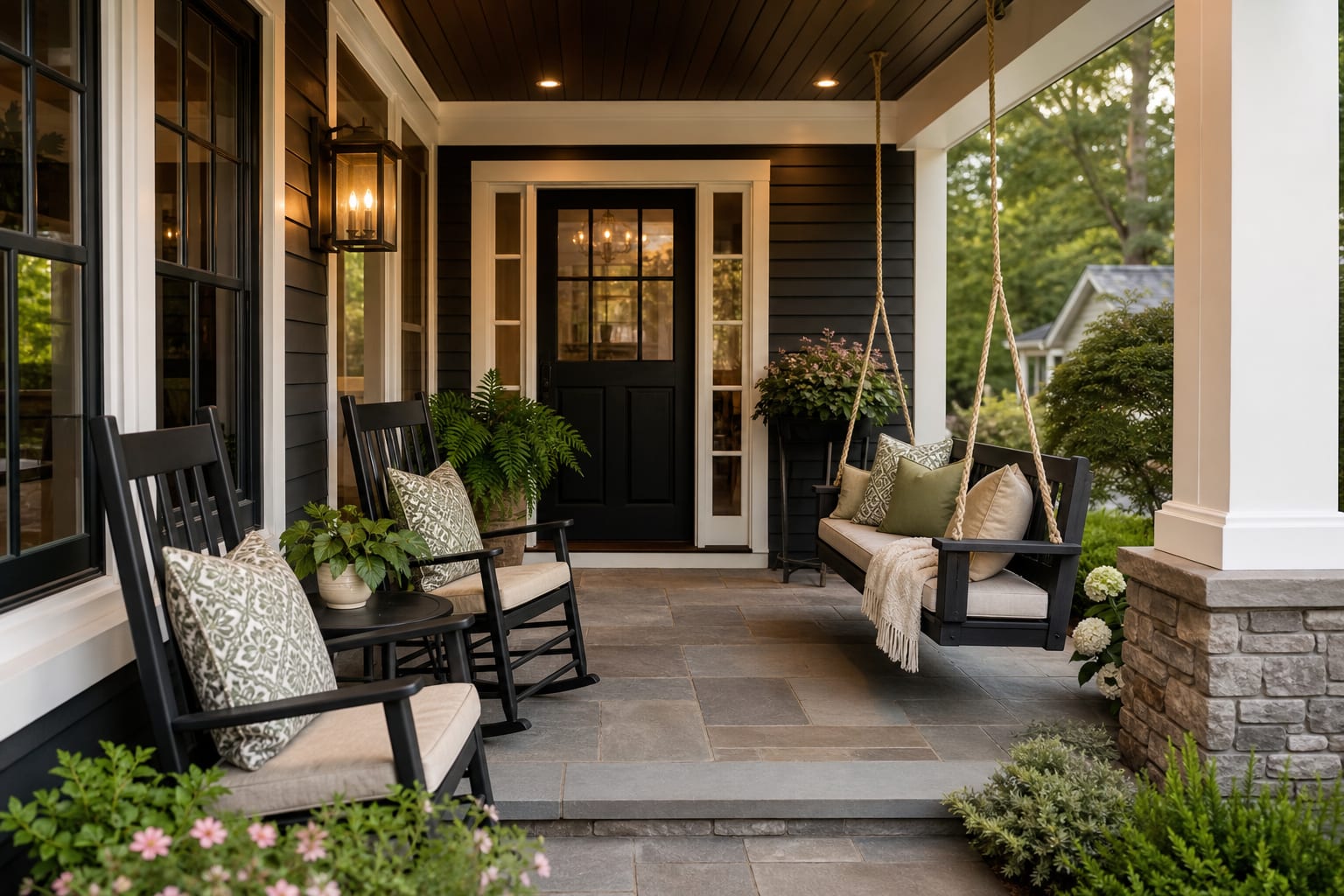 AI porch redesign preview showing the same front entry with alternate rockers, swing placement, cushion colors, and clear walking space