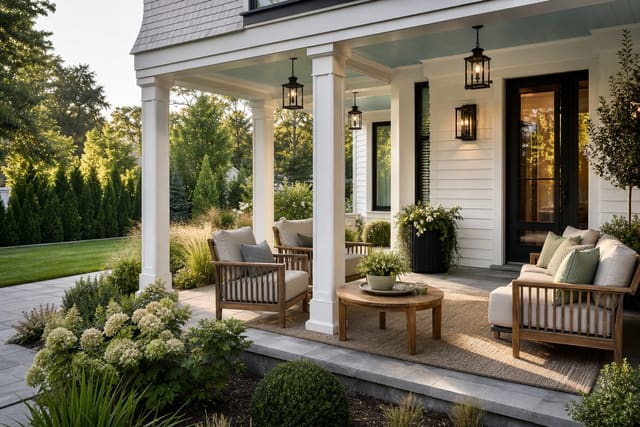 Front Porch Furniture Ideas: Comfortable and Weather-Resistant Choices shown as a photorealistic outdoor redesign with layered materials, planting, lighting, and clear circulation