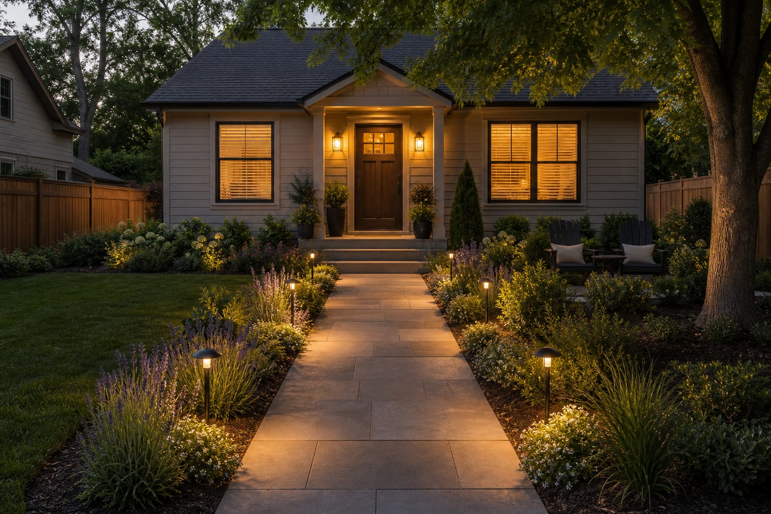 same front yard angle with a wider stone paver walkway, planted borders, low path lighting, and a clear route to the front door