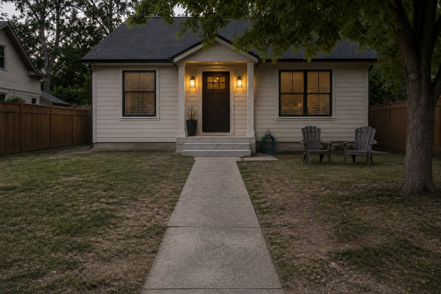 under designed front yard with a narrow plain concrete walkway, exposed lawn edges, no planting rhythm, and a flat entry approach