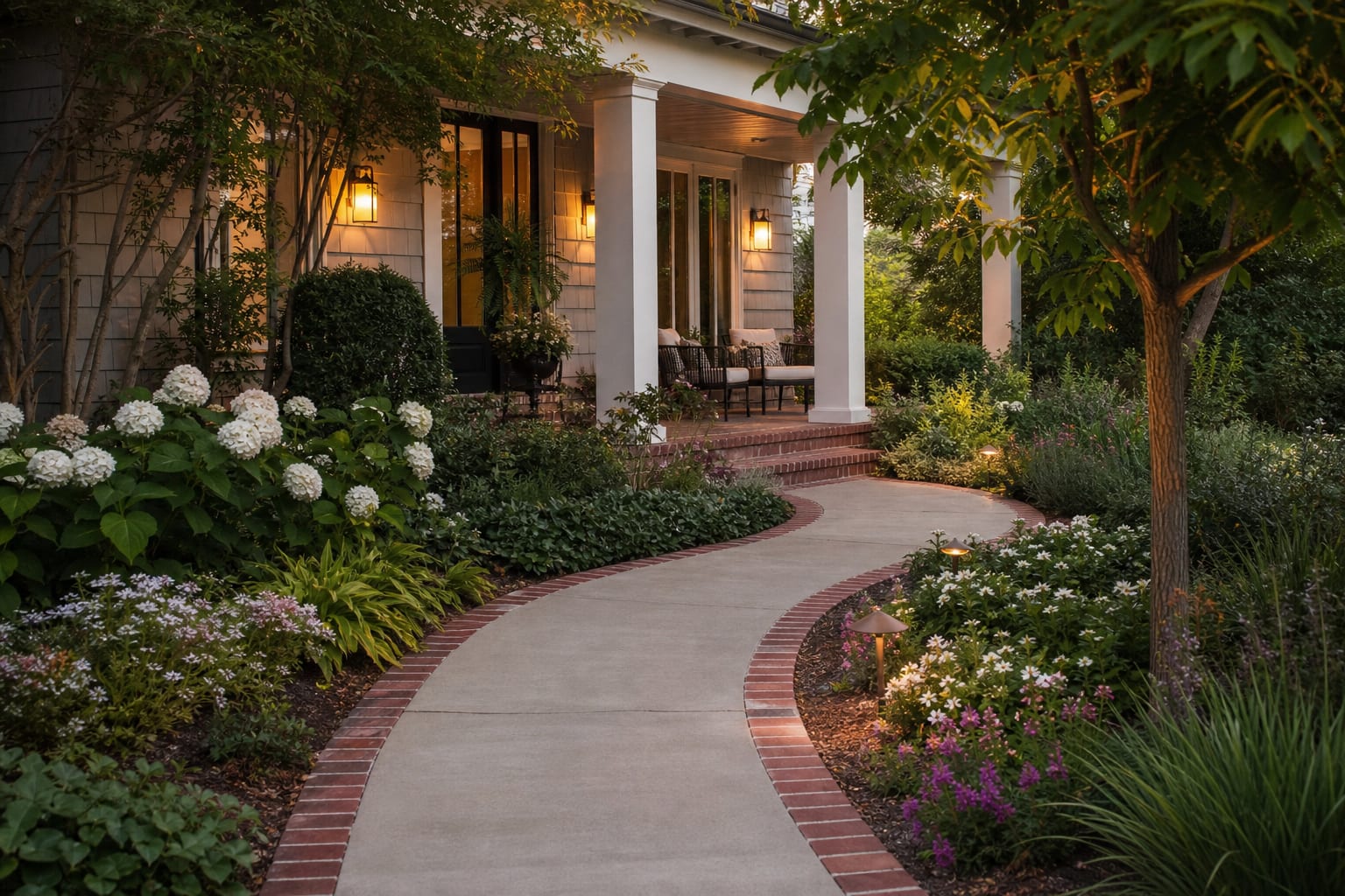 curved front walkway with brick edging, mixed planting beds, and a clear sightline to a covered porch