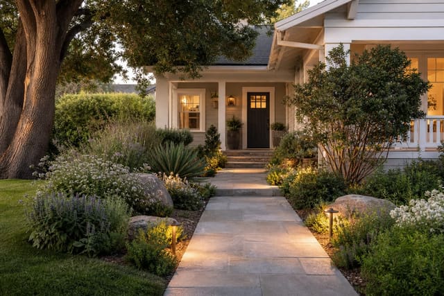 front walkway with stone pavers, layered planting, low path lights, and a clear view from sidewalk to painted front door