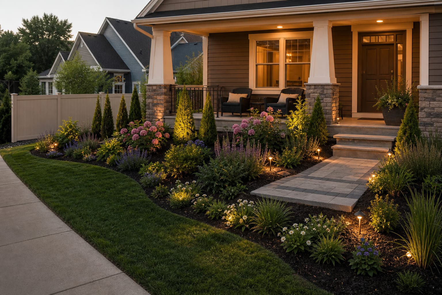 Same front yard redesigned with a wider curved flower bed, layered shrubs, repeated blooms, low edging, and a welcoming path to the porch.