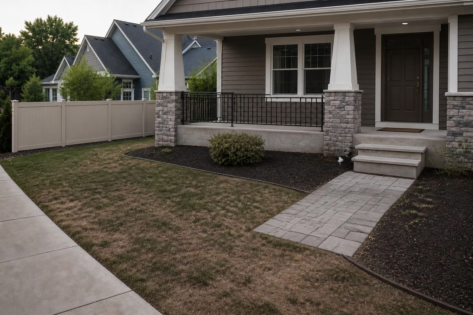 Front yard with a narrow foundation strip, scattered builder shrubs, bare mulch, and no clear planting rhythm beside the walkway.