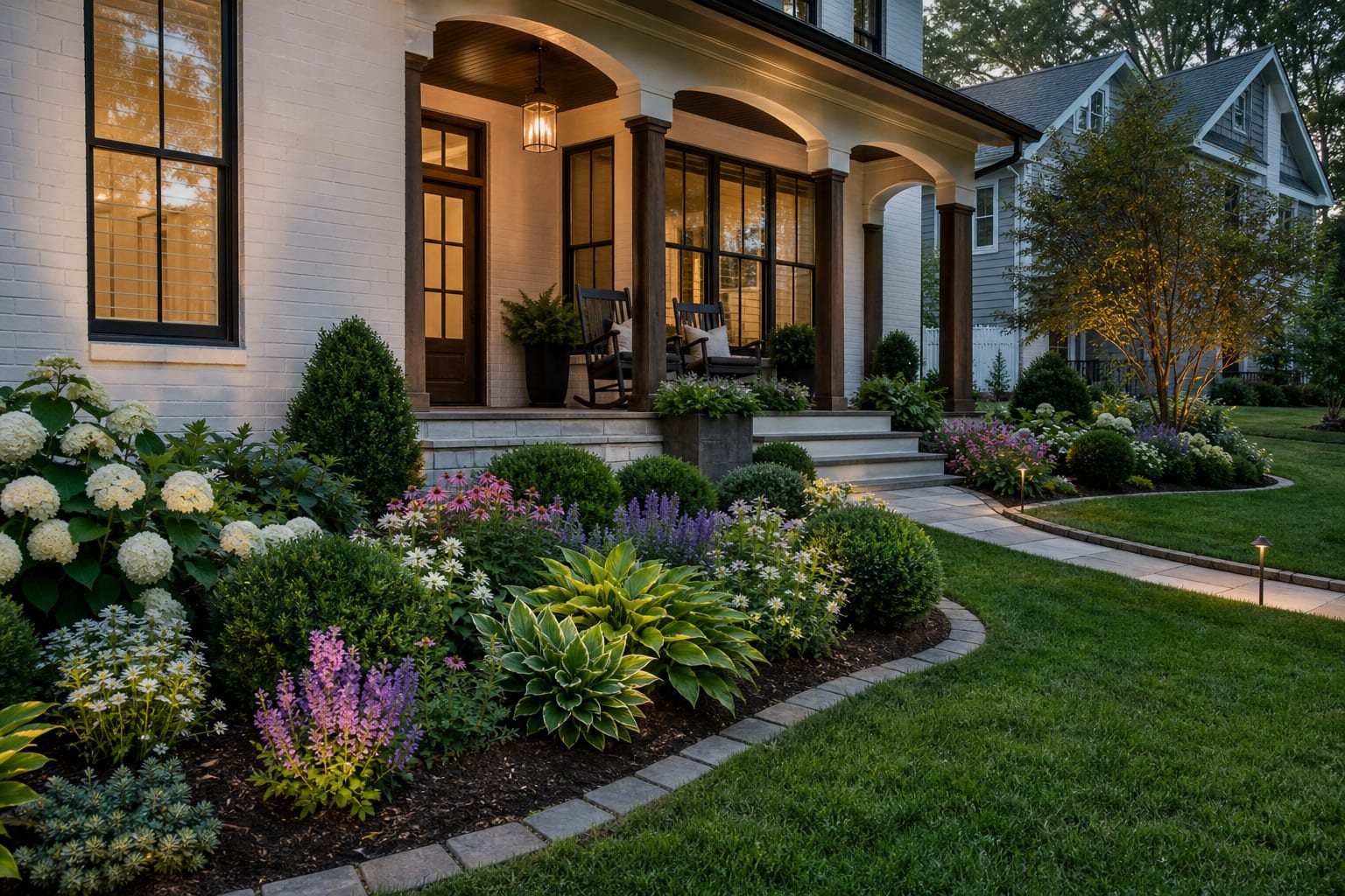 Layered front yard flower bed with curved border, repeated perennials, low evergreens, and a clear walkway to the porch