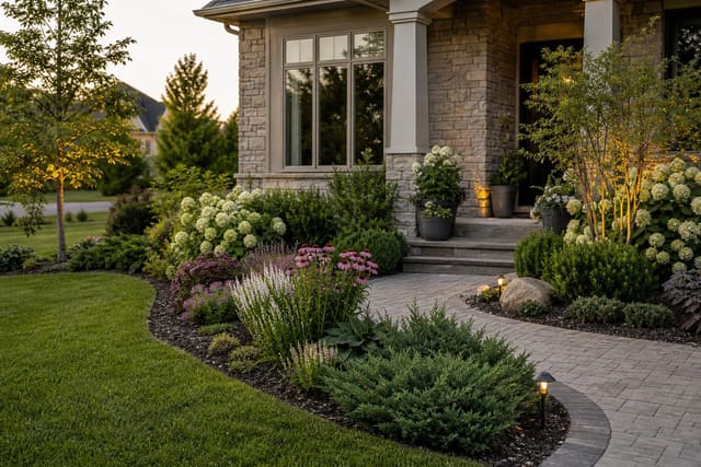 Layered front yard flower bed with curved border, repeated perennials, low evergreens, and a clear walkway to the porch