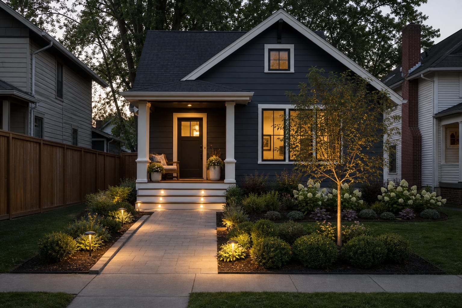 landscaped front yard from the same angle with wider stone path, layered shrubs, ornamental tree, clean bed edges, and warm porch lighting.
