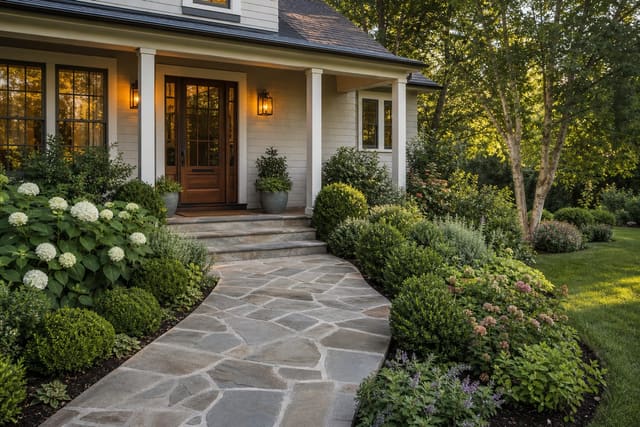 welcoming front yard with a broad stone path, layered foundation shrubs, porch lights, and neat planted edges framing the entry
