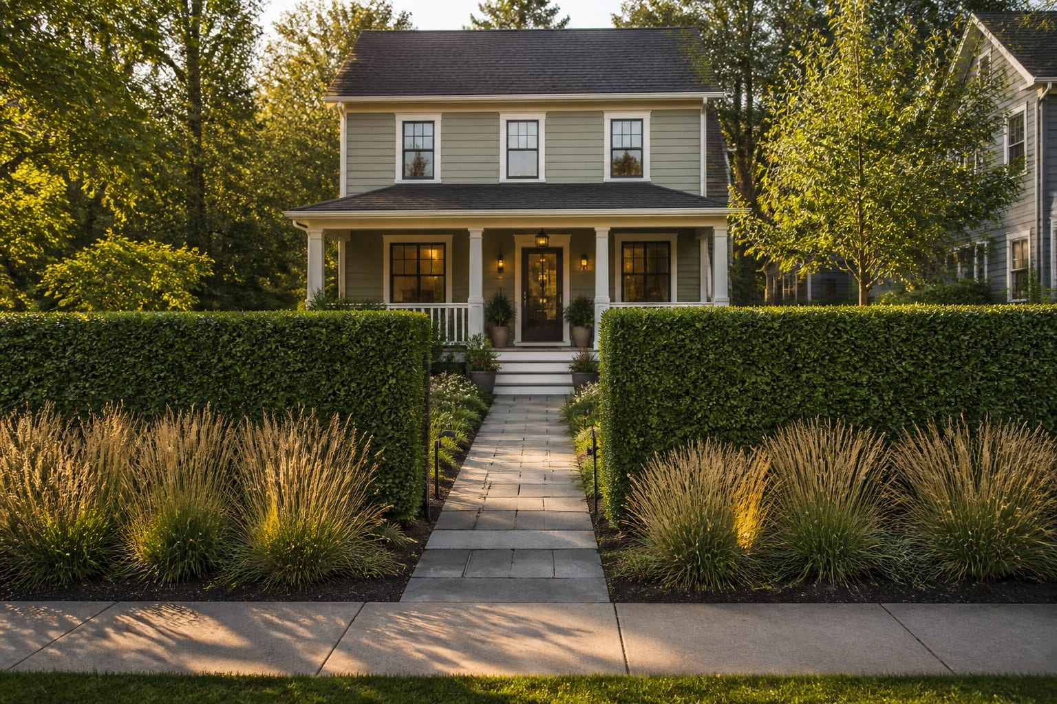 Same front yard with a layered hornbeam hedge, low berm, and grasses screening the street after redesign