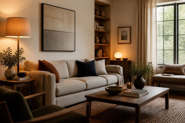 How to Furnish a House on a Budget, Room by Room, shown as warm editorial Re-Design interior photography with layered materials and lighting