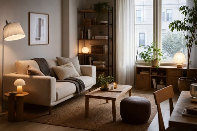 portable apartment furniture with a neutral sofa, wood table, plug-in lighting, and flexible storage in a bright rental living room