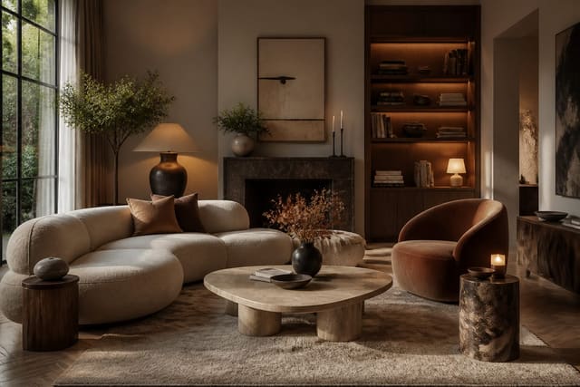 Furniture Trends 2026: The Shapes, Materials, and Silhouettes to Know, shown as warm editorial Re-Design interior photography with layered materials and lighting