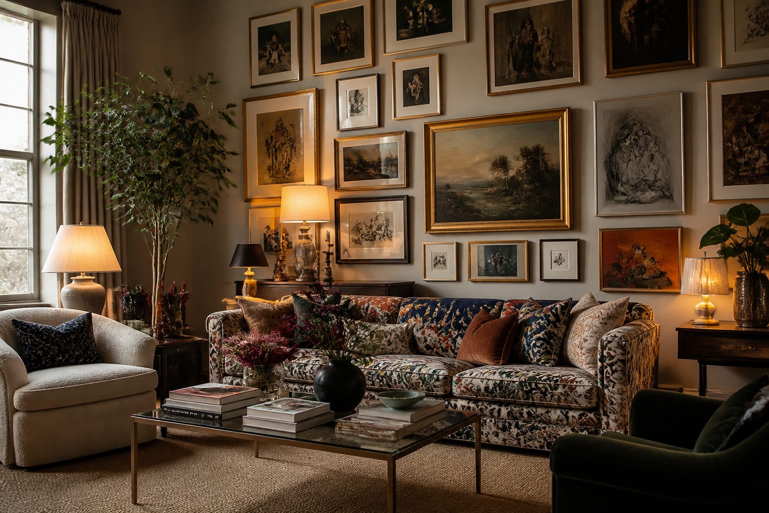 maximalist living room gallery wall with mixed art, brass frames, dark wood frames, patterned sofa, and layered warm lamps