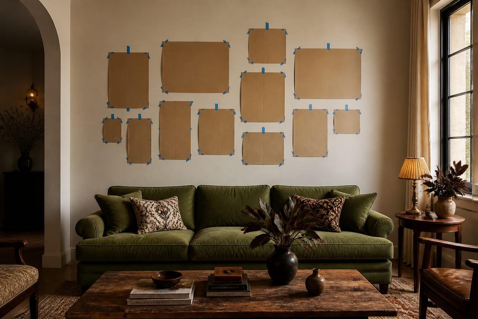paper templates taped above a sofa for a maximalist gallery wall with varied frame sizes and measured spacing