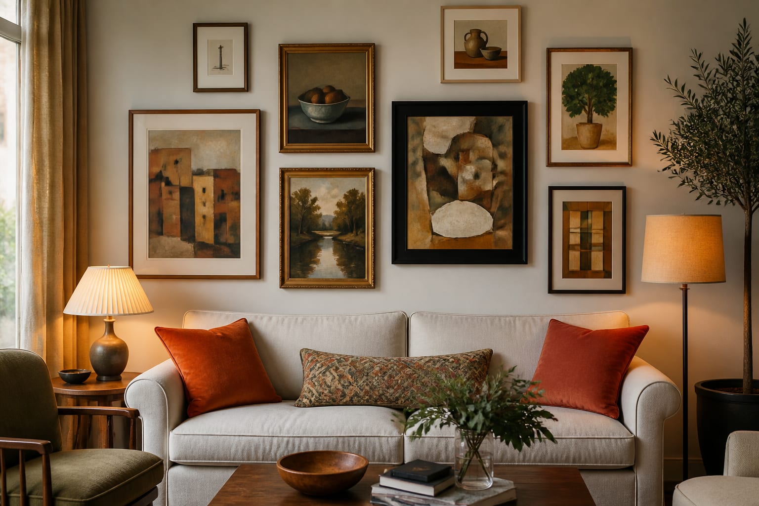 AI preview of a living room gallery wall showing mixed frames above a sofa with warm lamps and saturated artwork