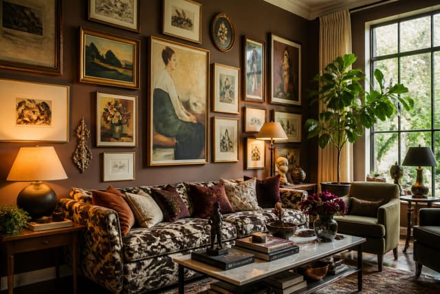 maximalist living room gallery wall with mixed art, brass frames, dark wood frames, patterned sofa, and layered warm lamps