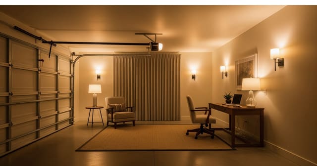 A converted garage with warm ceiling lighting, wall-height lamps, and finished residential flooring