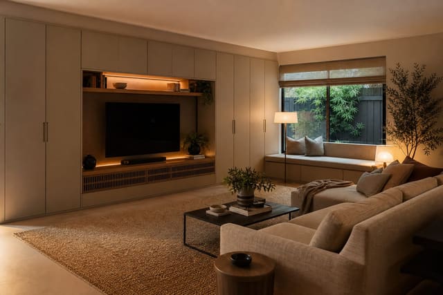 converted garage living space with one wall of closed cabinets, a low media unit, and concealed bench storage under warm lighting