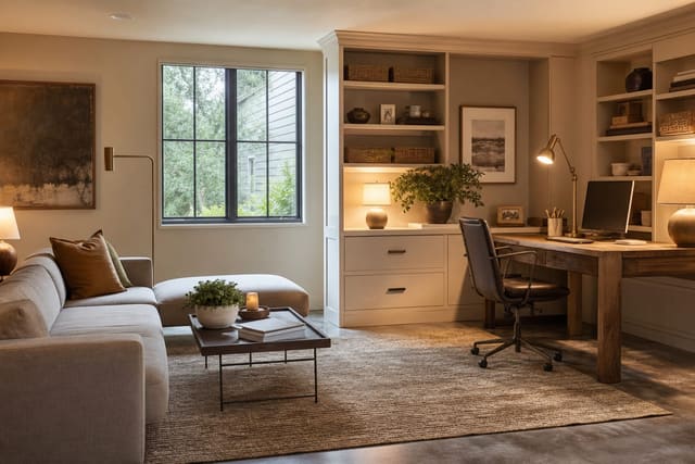 Converted garage office with insulated walls, warm task lighting, pale built-ins, and a durable rug over sealed concrete flooring