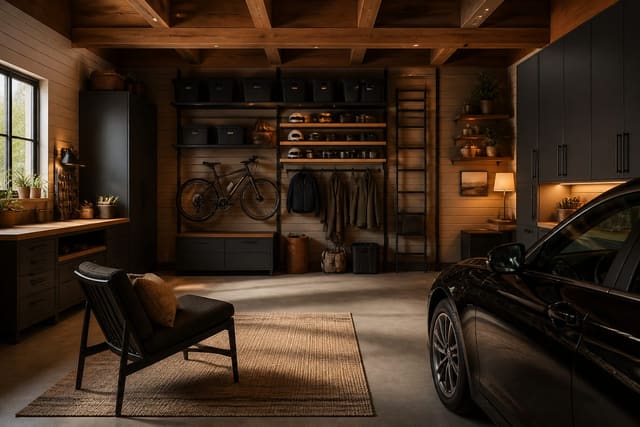 Garage Organization Ideas in a organized garage, shown as a warm editorial Re-Design concept