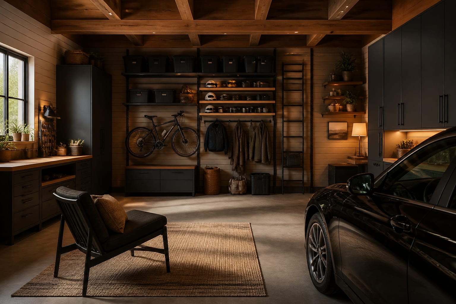 Garage Organization Ideas in a organized garage, shown as a warm editorial Re-Design concept