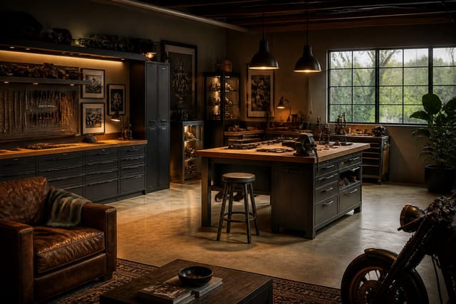 Garage Workshop Ideas in a garage workshop, shown as a warm editorial Re-Design concept