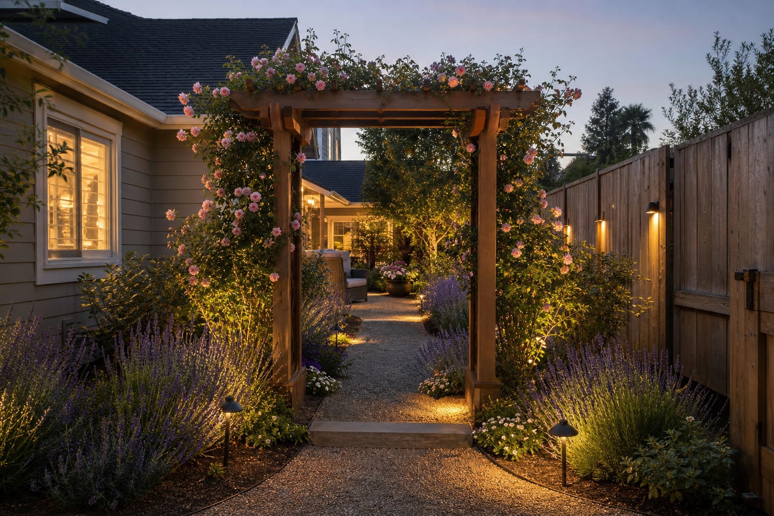 same garden view with cedar arbor over a gravel path, climbing roses, lavender borders, and warm low path lights