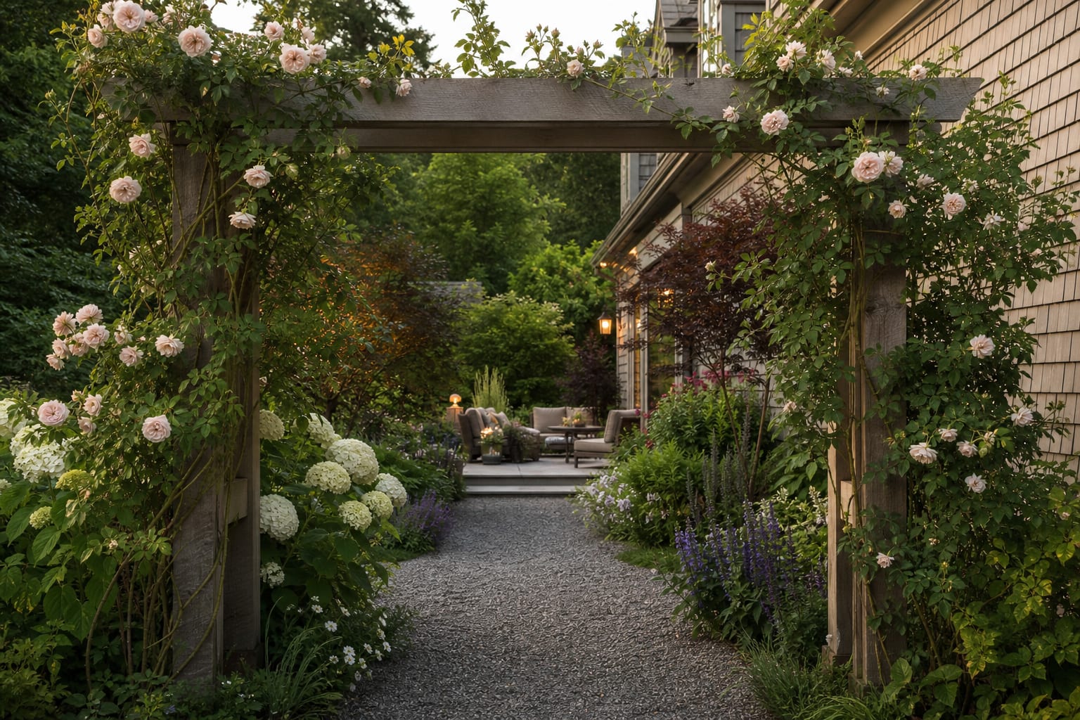 wooden garden arbor framing a gravel path with climbing roses and layered perennial planting