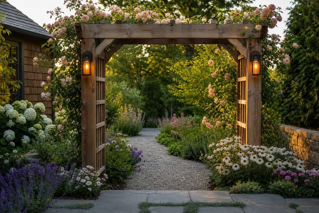 wooden garden arbor framing a gravel path with climbing roses and layered perennial planting
