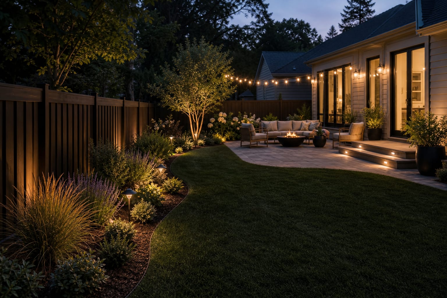 The same garden bed with slim steel edging, a smooth lawn curve, fresh mulch, and layered low planting.