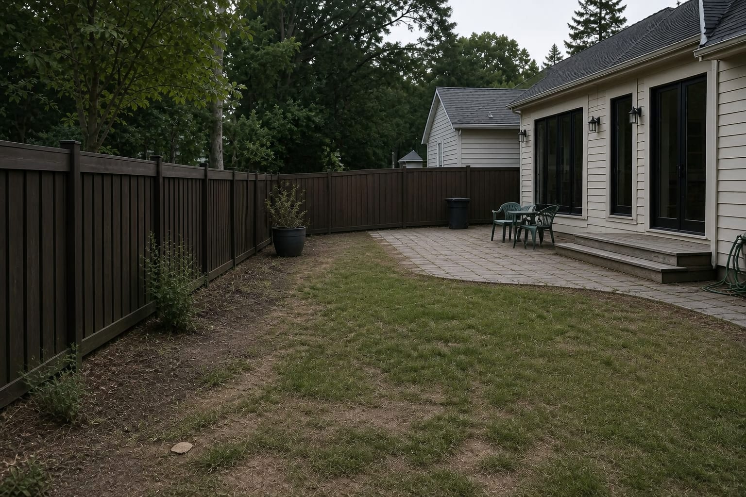 Patchy lawn and mulch blend together around a garden bed with no clear border or mowing edge.