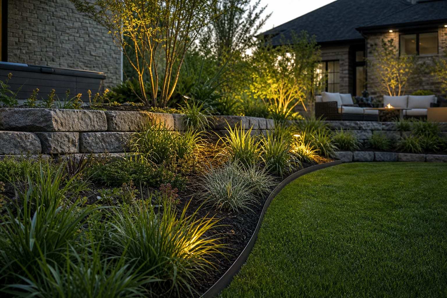 crisp steel garden edging separating a green lawn from layered planting beds with mulch and low ornamental grasses